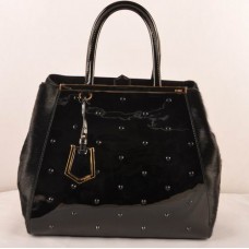 Borsa grande Fendi 2jours in pelle verniciata nera con inserti in crine di cavallo
