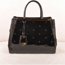 Borsa media Fendi 2jours in pelle verniciata nera con inserti in crine di cavallo