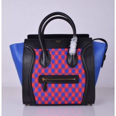 Borsa tote grande Celine Luggage, nera e blu con stampa pied de poule.