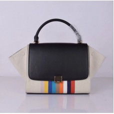 Borsa tote grande Celine a trapezio con stampa a righe arcobaleno nere.
