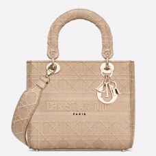Borsa Dior Lady D-Lite di medie dimensioni in tela ricamata beige