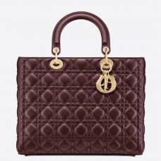 Borsa Dior Lady Dior grande in pelle di agnello Cannage bordeaux